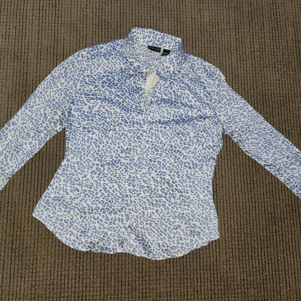 New York & Company Animal Print Button-Up Blouse Shirt Women's  - Blue White XL